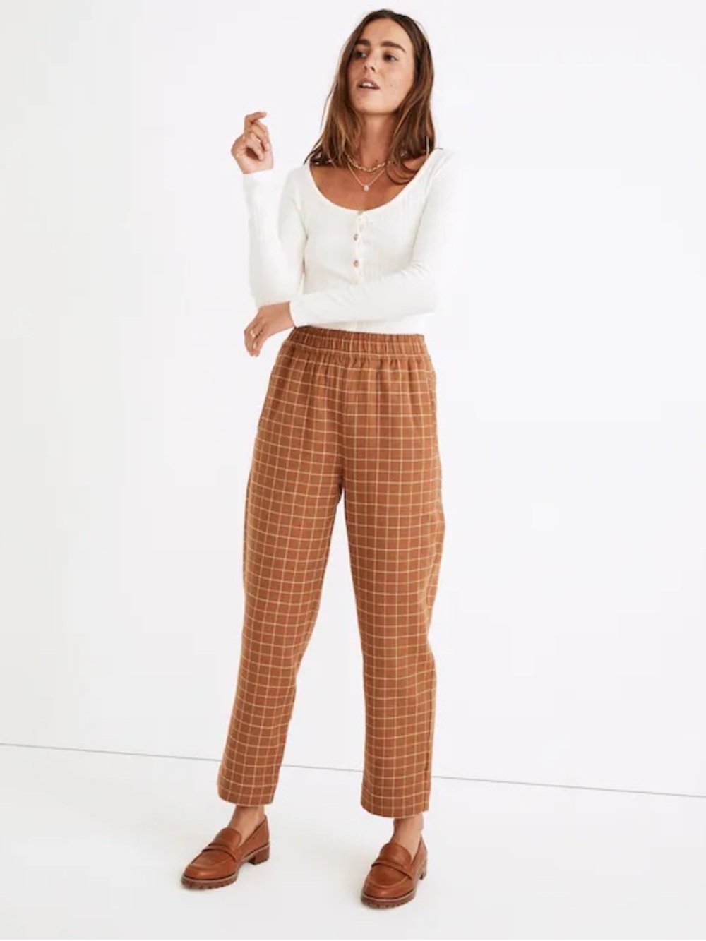 Madewell Waffleback Pull-On High-Rise Tapered Pants in Windowpane Small